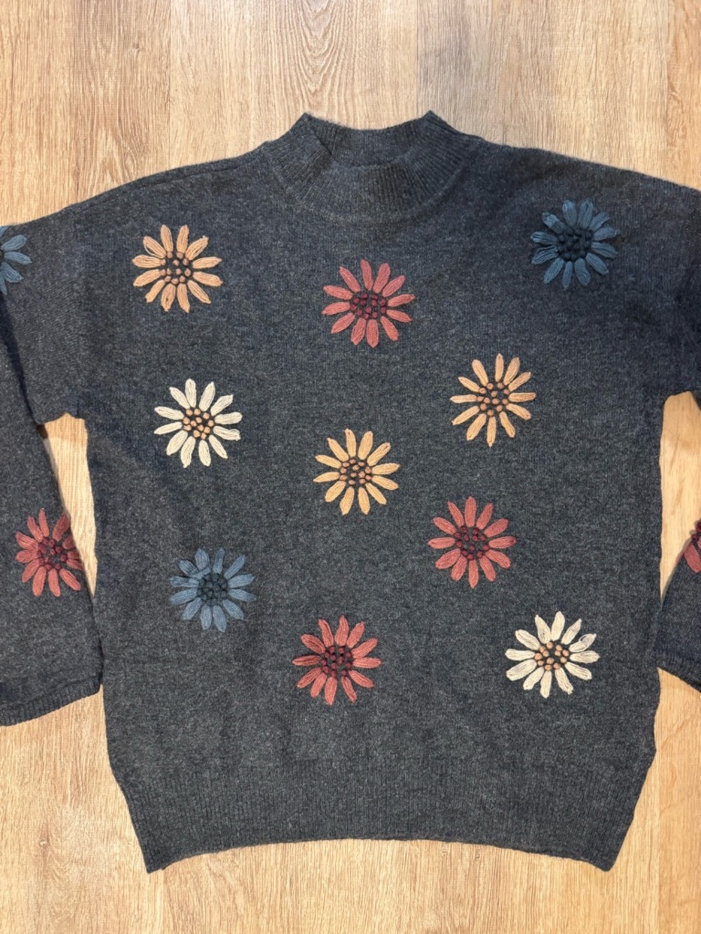 CHARLIE B Charcoal Crewneck Sweater with Multicolor Floral Embroidery - Picture 4 of 11